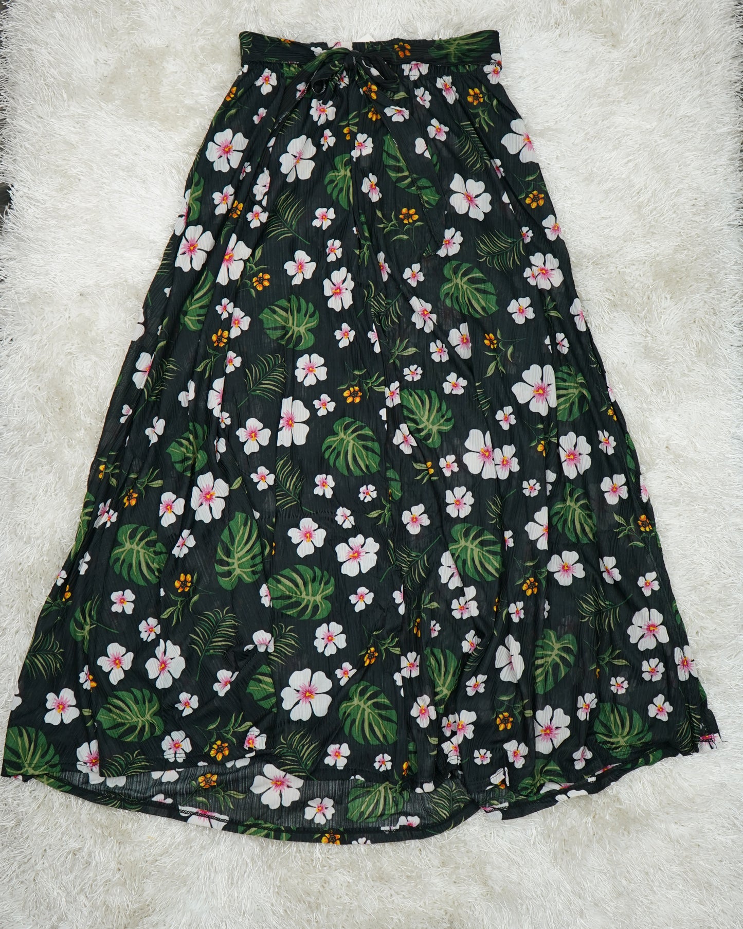 Black Floral Sheer Maxi Skirt with Side Slit, Stretchy Waist & Tie