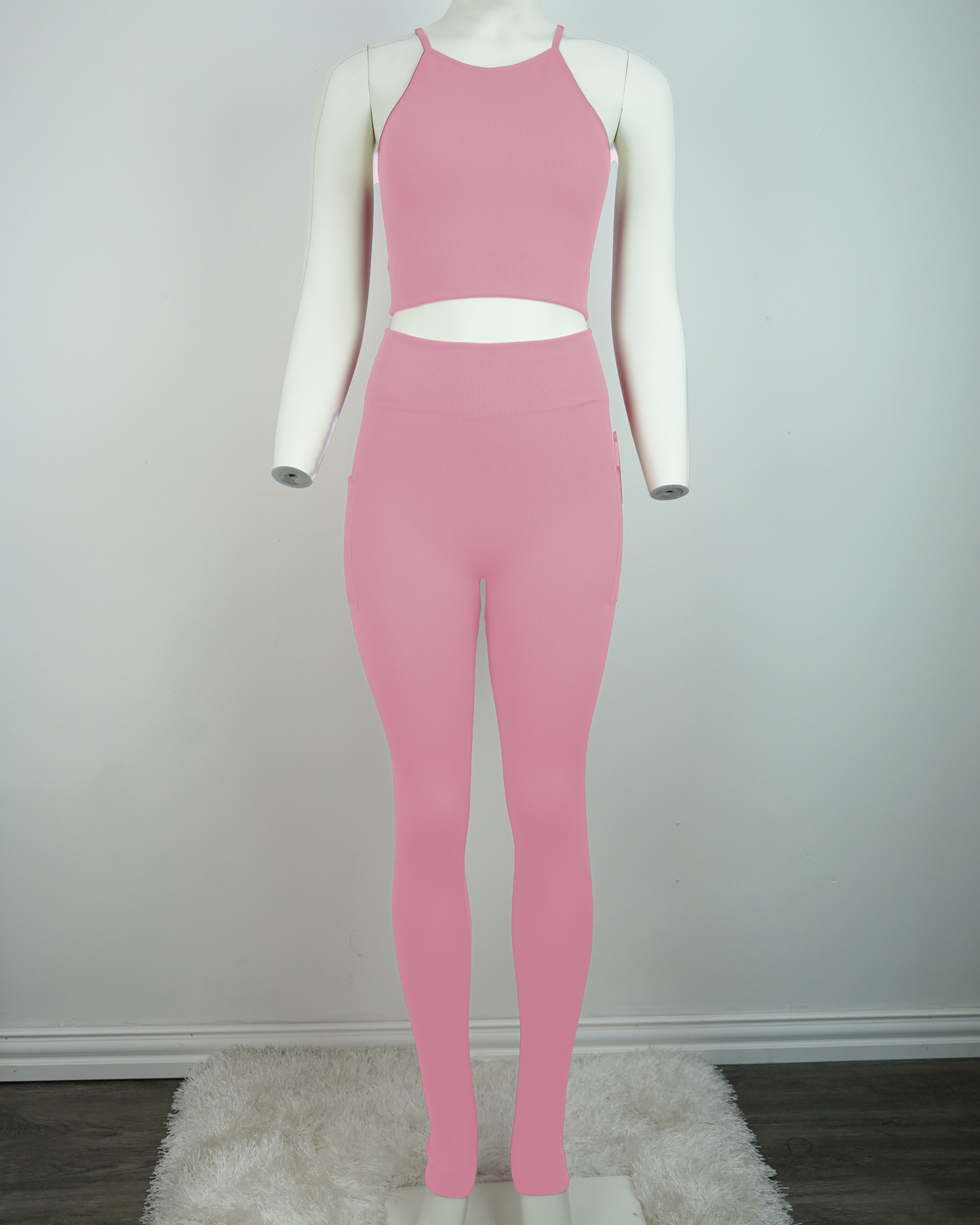 Seamless Ribbed Yoga Set: High-Stretch Crop Top & Legging w/ Pockets (Polyester-Spandex)