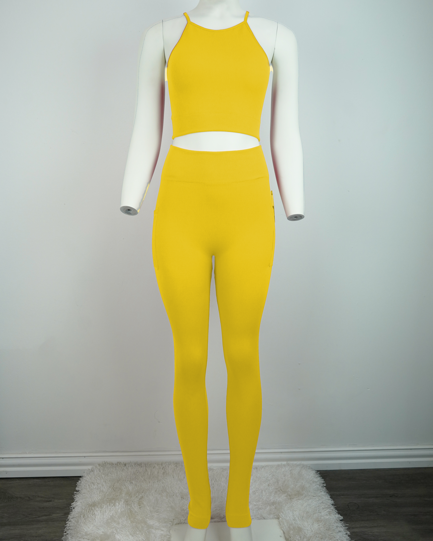 Seamless Ribbed Yoga Set: High-Stretch Crop Top & Legging w/ Pockets (Polyester-Spandex)