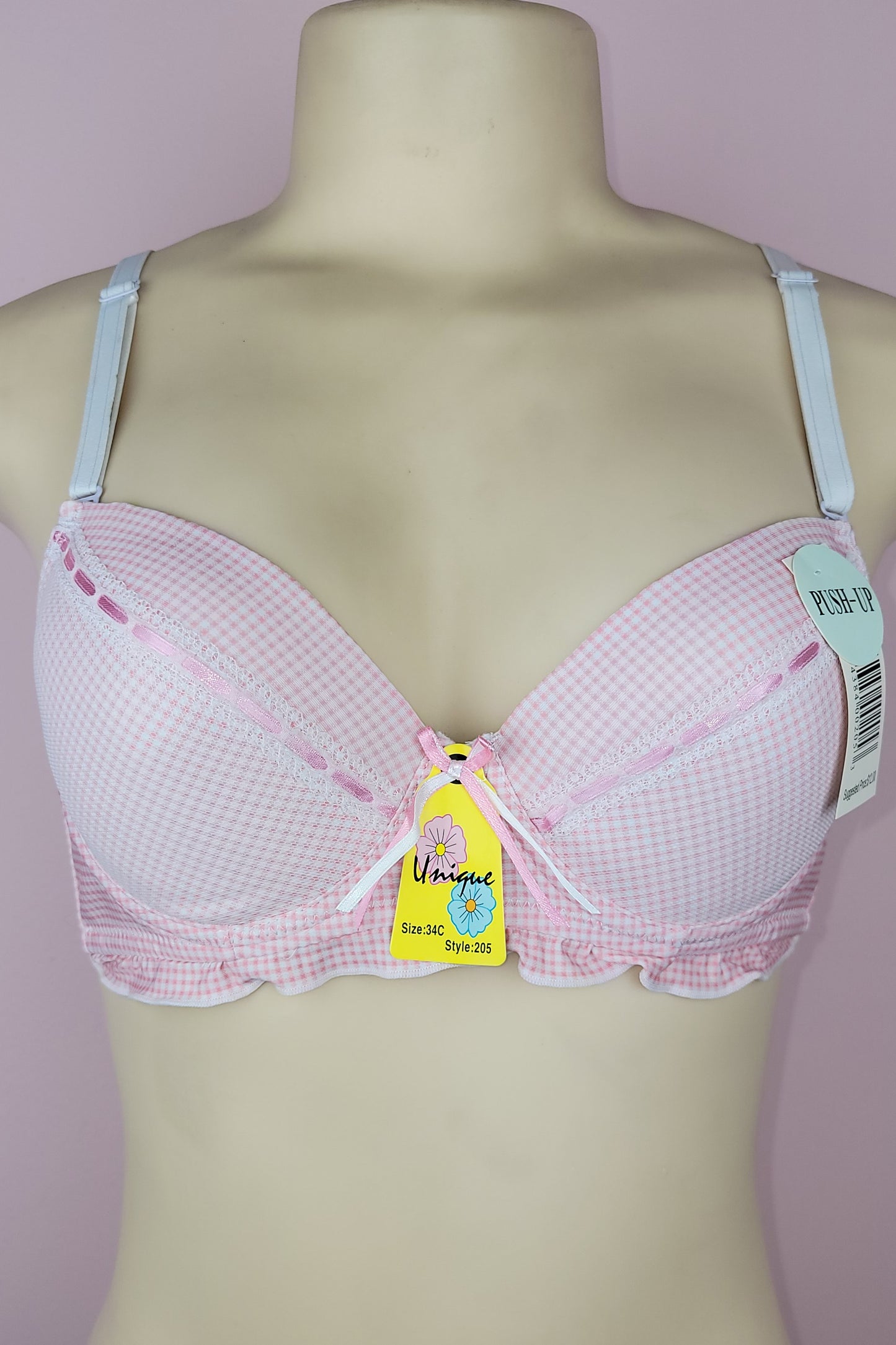 6 Pack Checkered Plaid Pattern Women's Push Up Bra with Ribbon 34C 36C 38C 40C