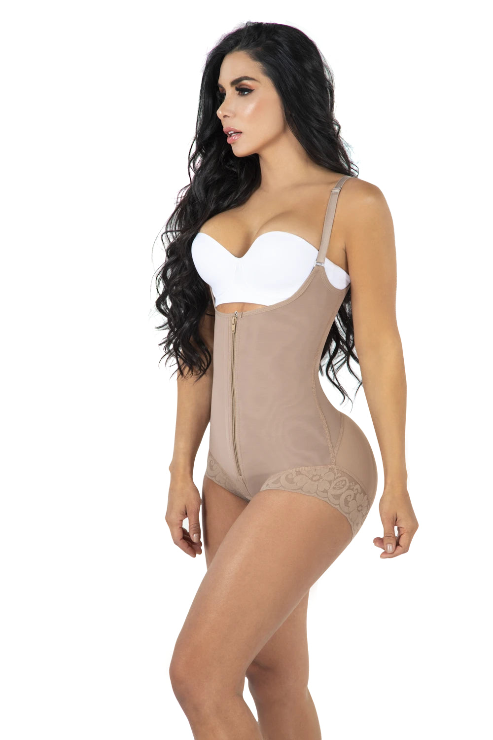 3/4 frontal view of high waist, open bust, mocha colored shapewear