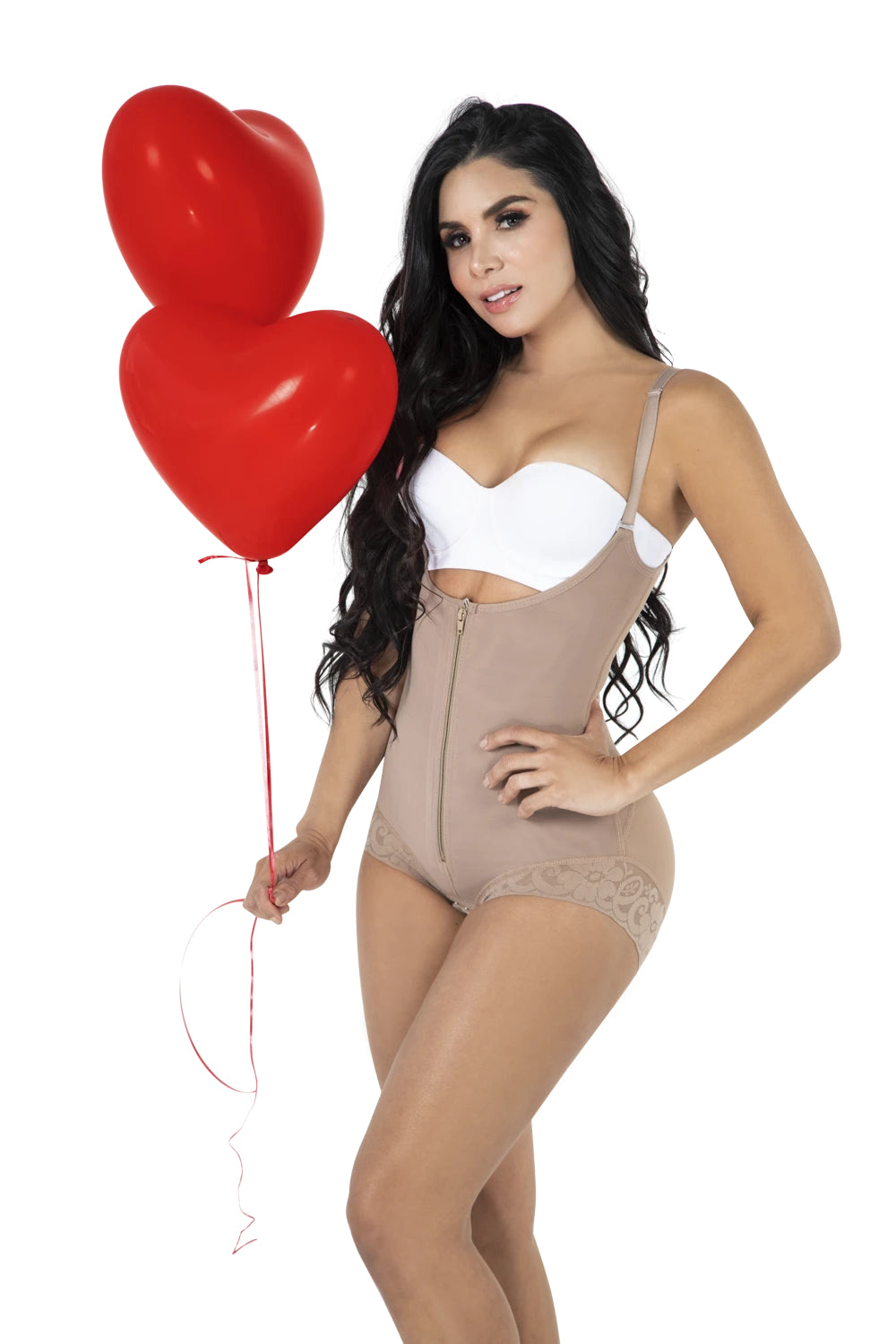 Model holding multiple heart balloons wearing the shapewear