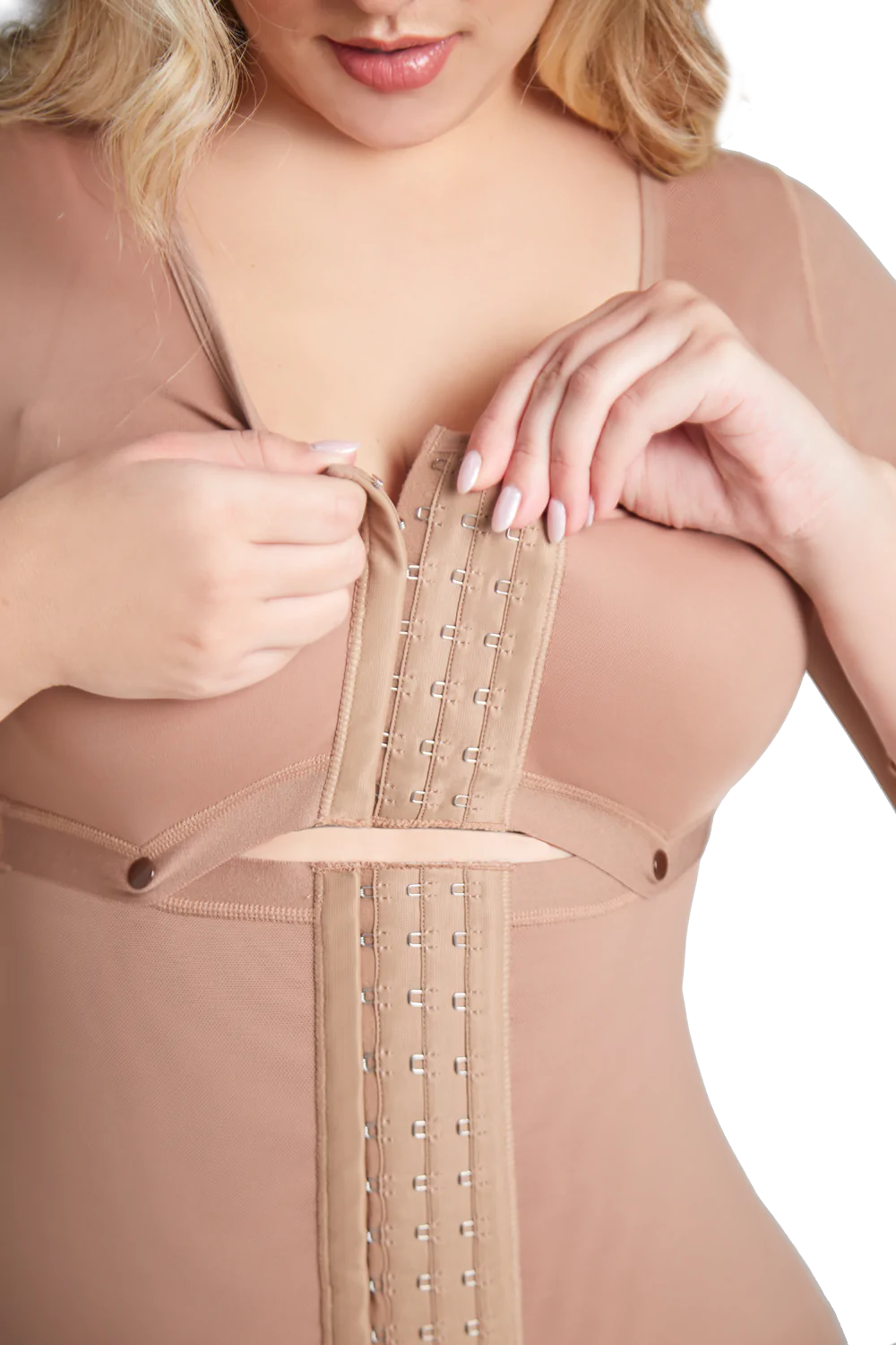 Closeup of the shapewear, displaying the use of its frontal hooks to adjust fitting.