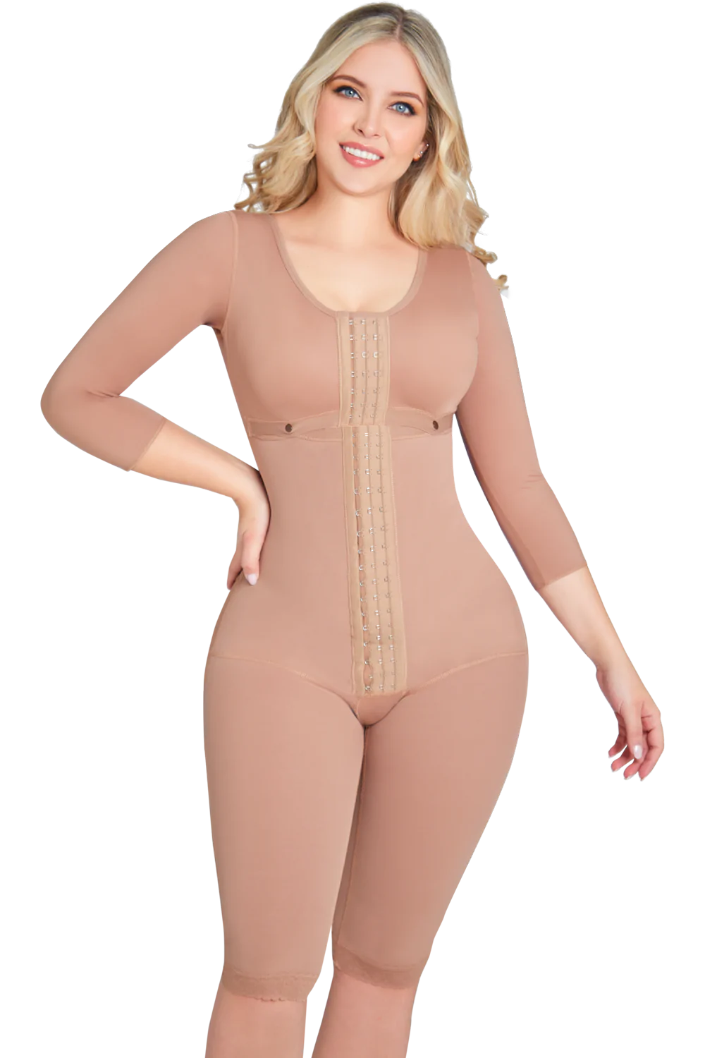 Front view of the full body, mocha colored shapewear.