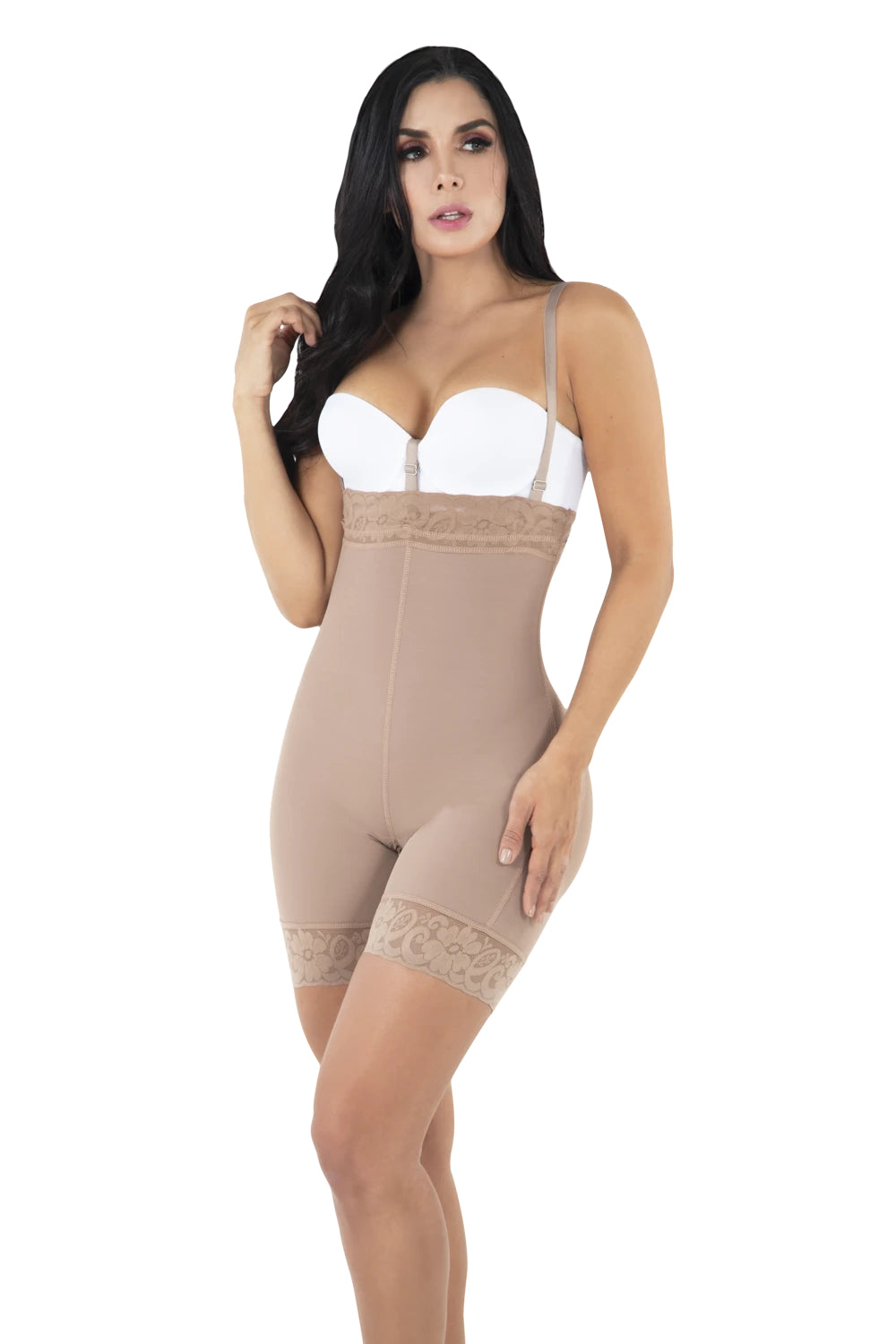 Front view of high waist, open bust, mocha colored shapewear.