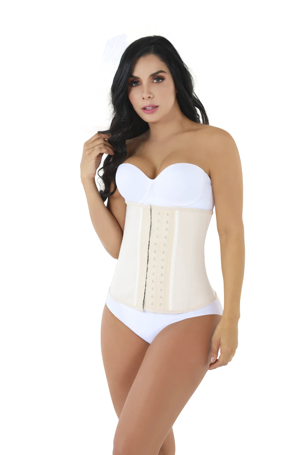 Front view of the strapless waist trainer - beige.