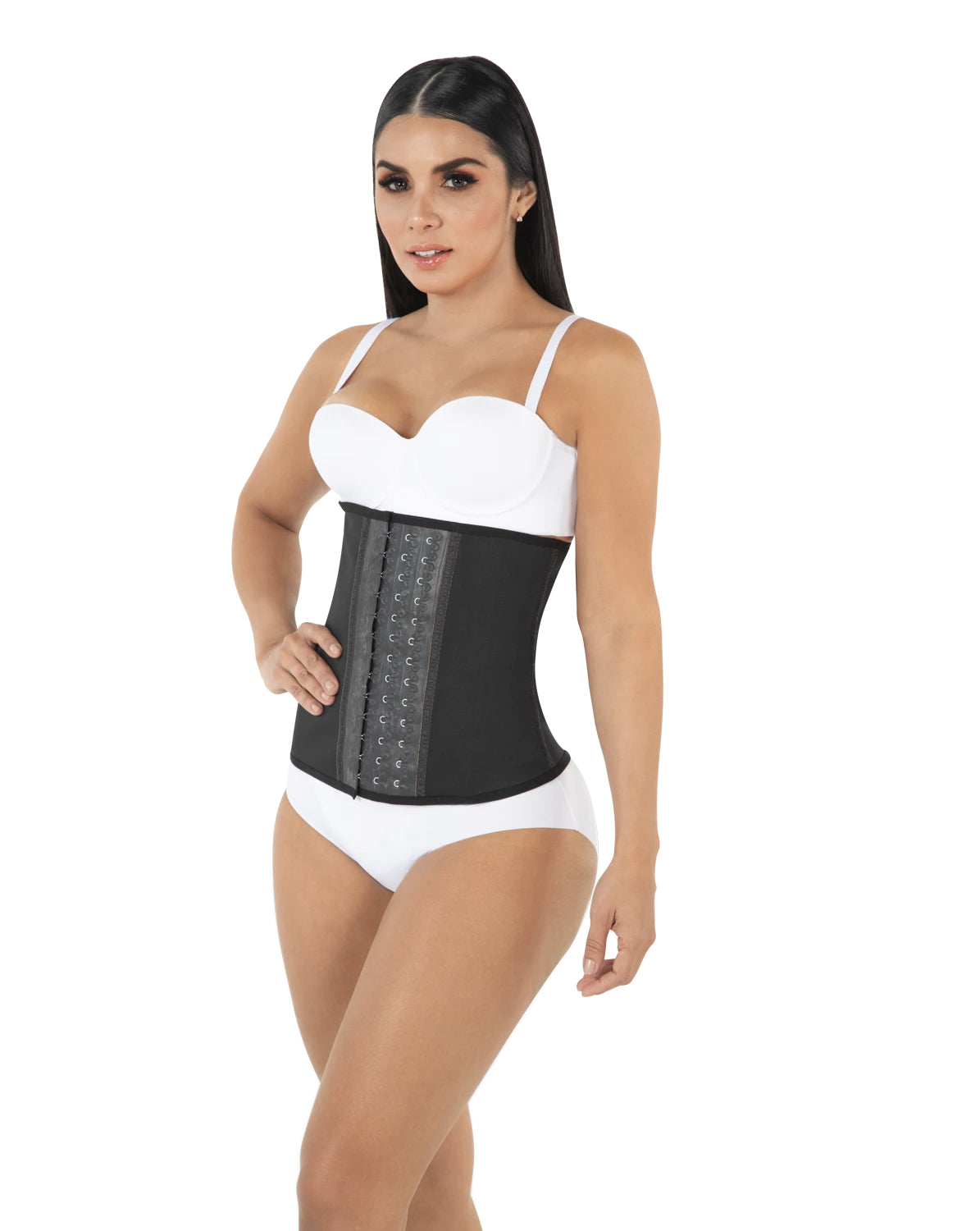 Alt front view of the strapless waist trainer - black.