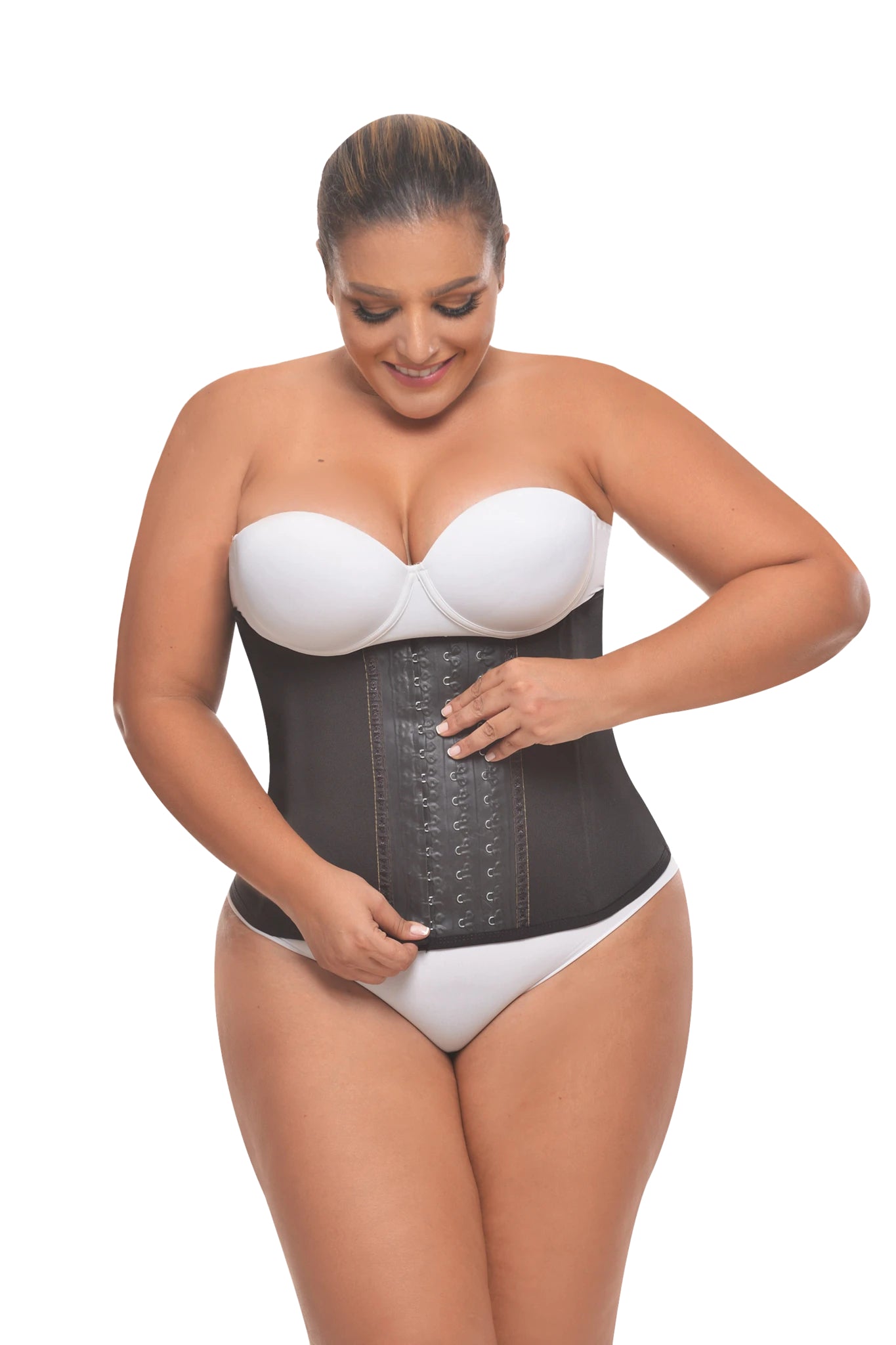 Front view of the strapless waist trainer, - black & plus-sized.