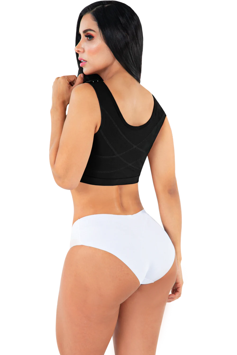 Backview of post-surgery, black support bra.