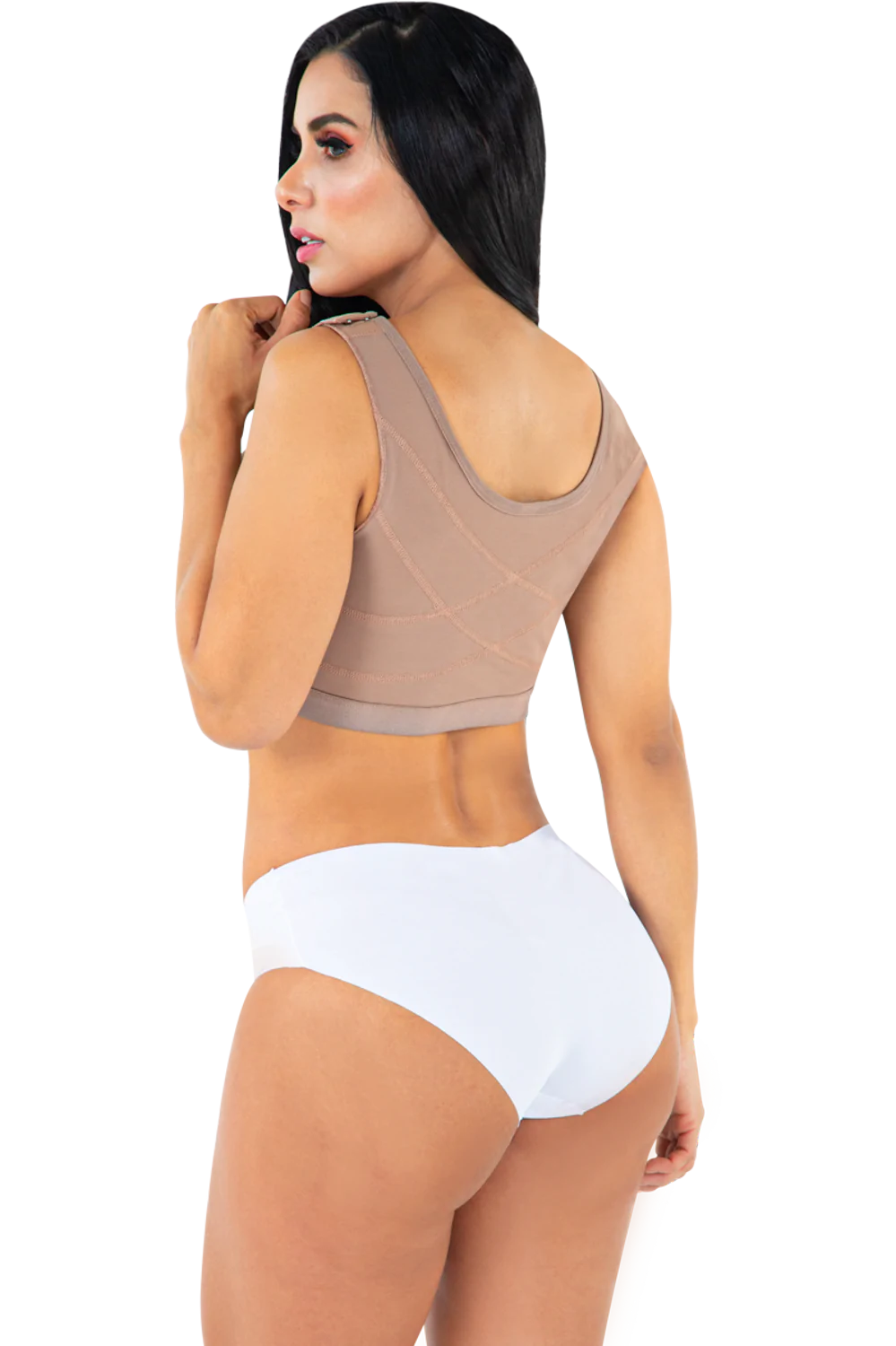 Back view of post-surgery, mocha colored support bra.