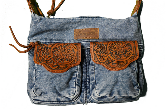 Denim Purse with Engraved Leather