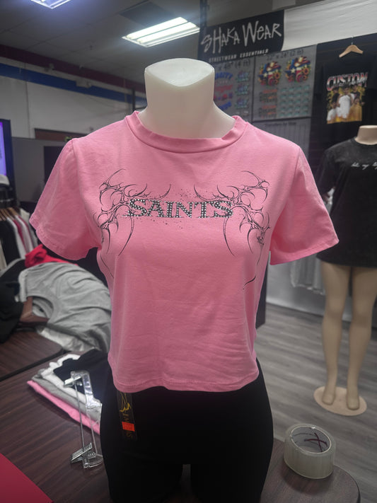 Barbie Pink SAINTS bedazzled alternative graphic crop top