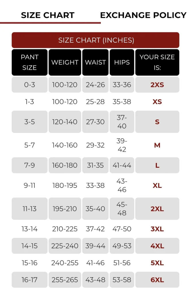 Size chart for shapewear