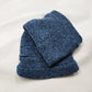 Blue knitted beanie and scarf set on a white background