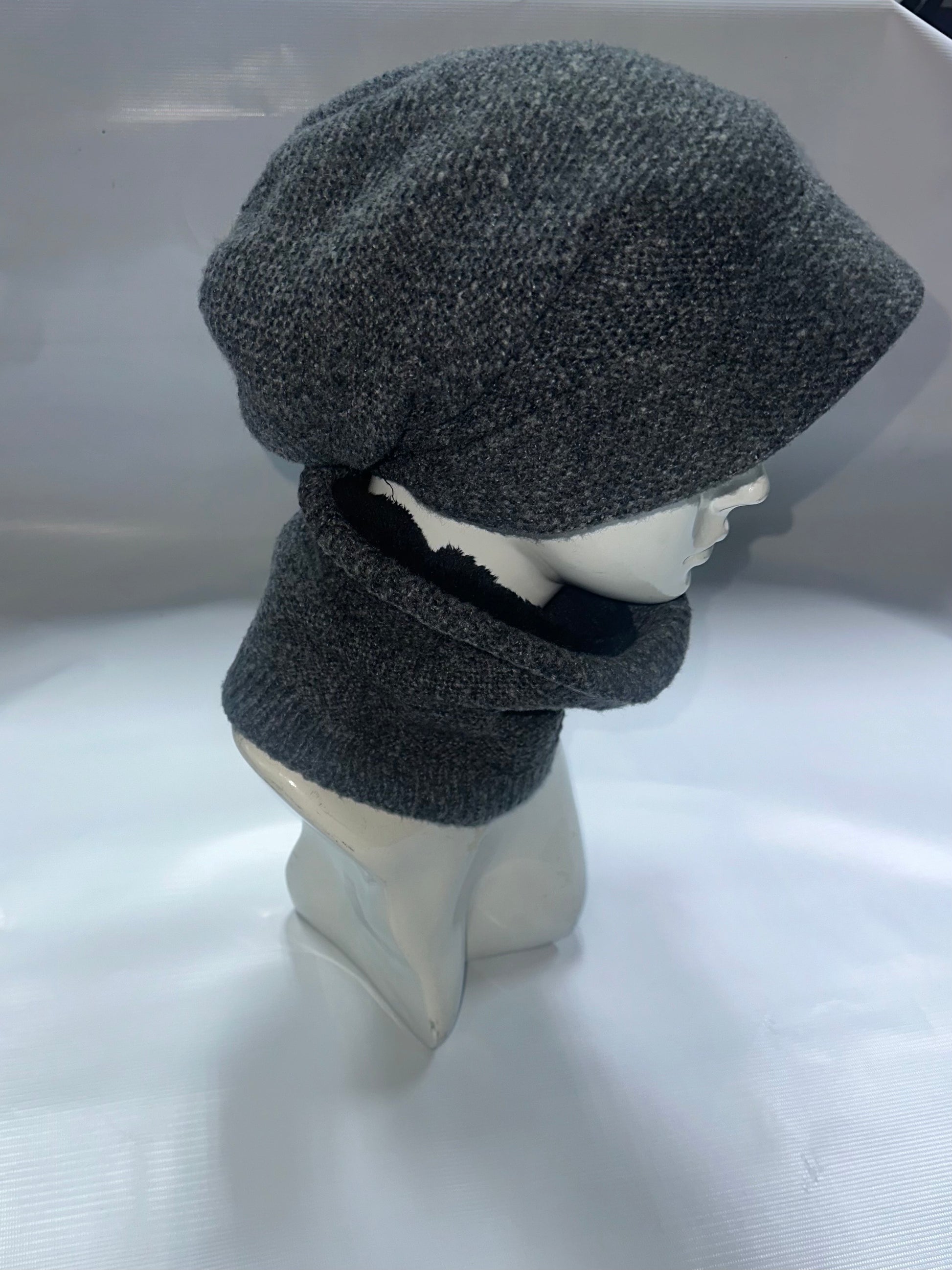 Gray knit beanie and scarf set from the side