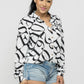 Letter Patterned Button Up Blouse Top
