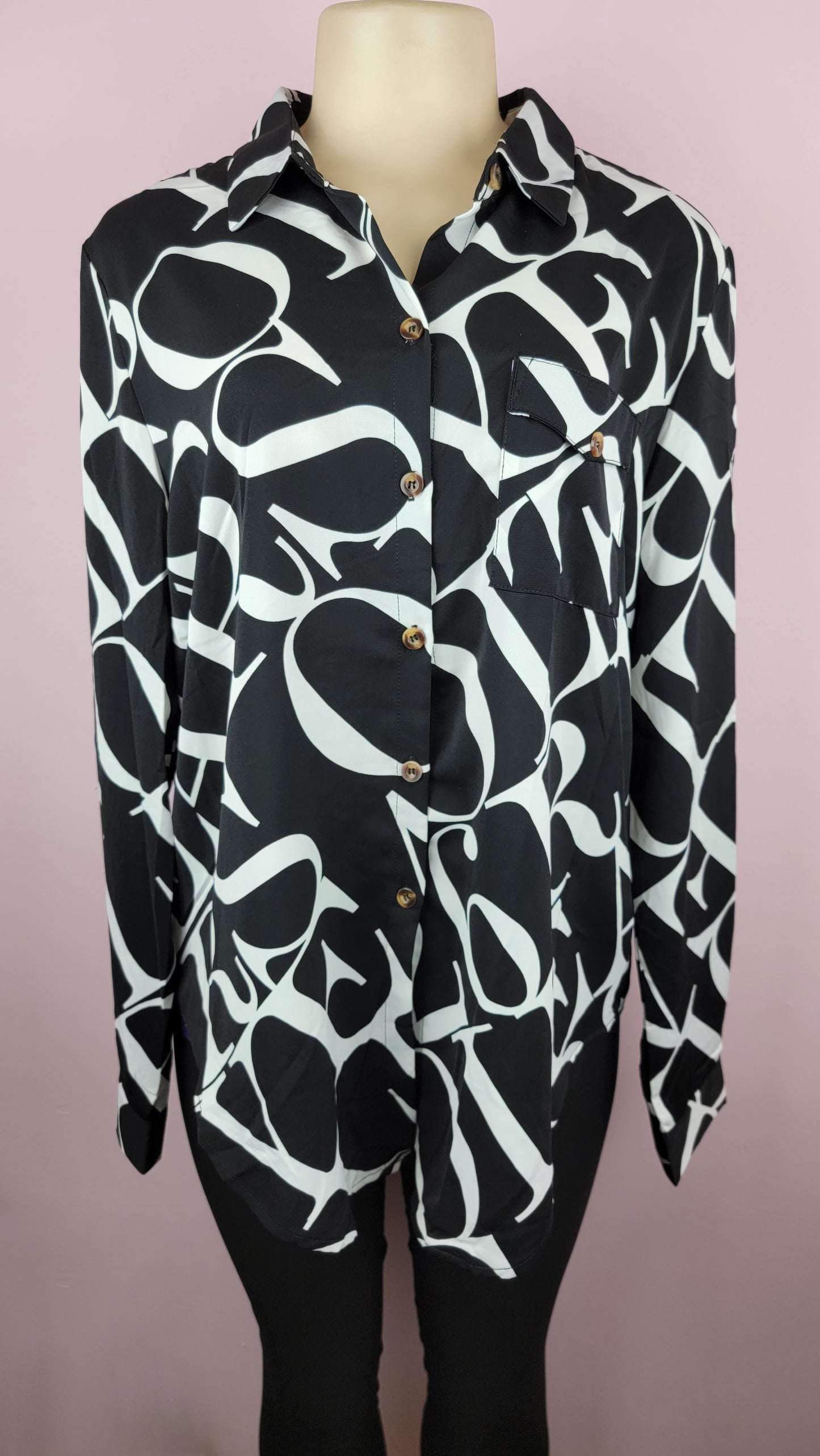 Letter Patterned Button Up Blouse Top