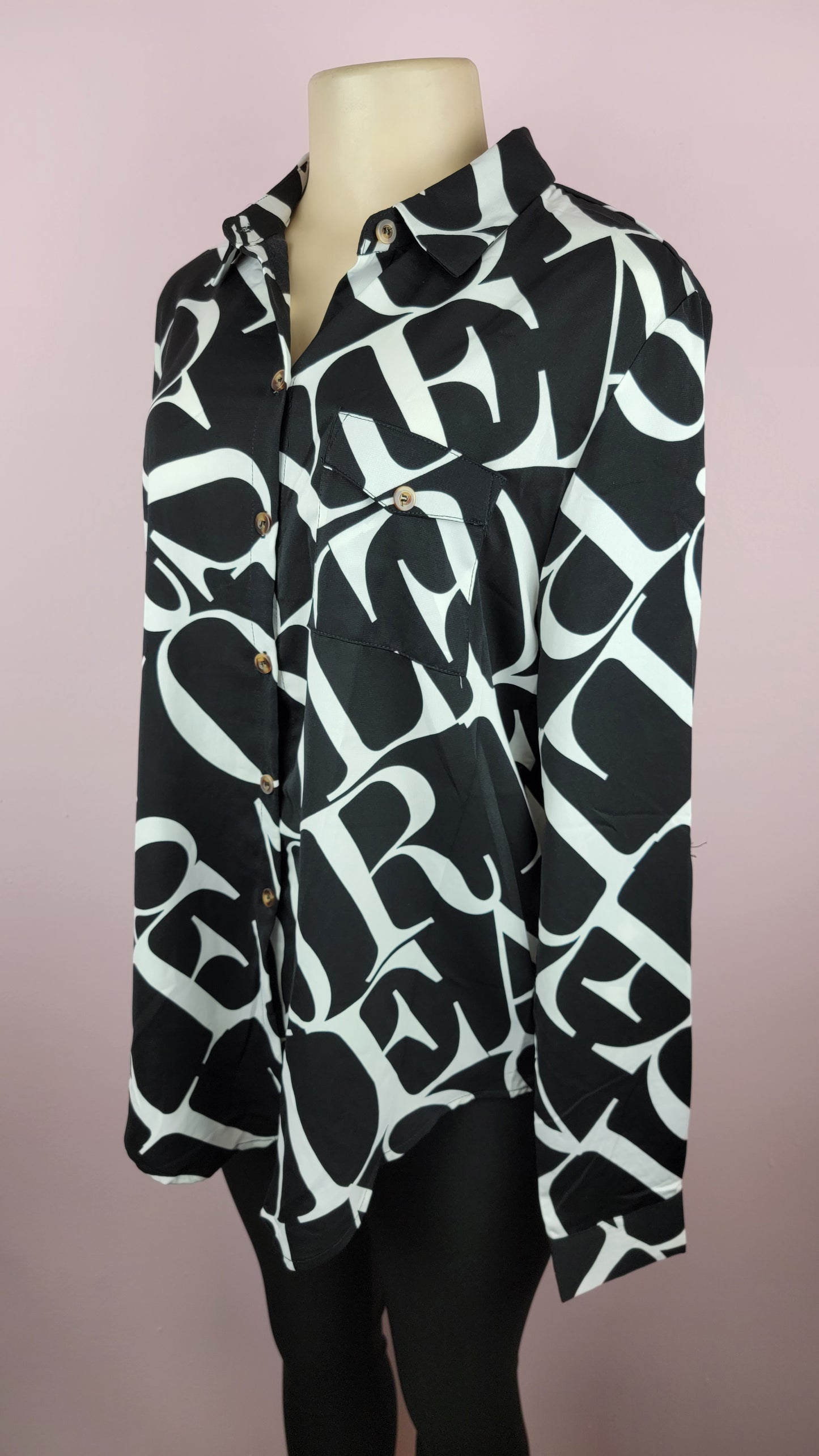 Letter Patterned Button Up Blouse Top