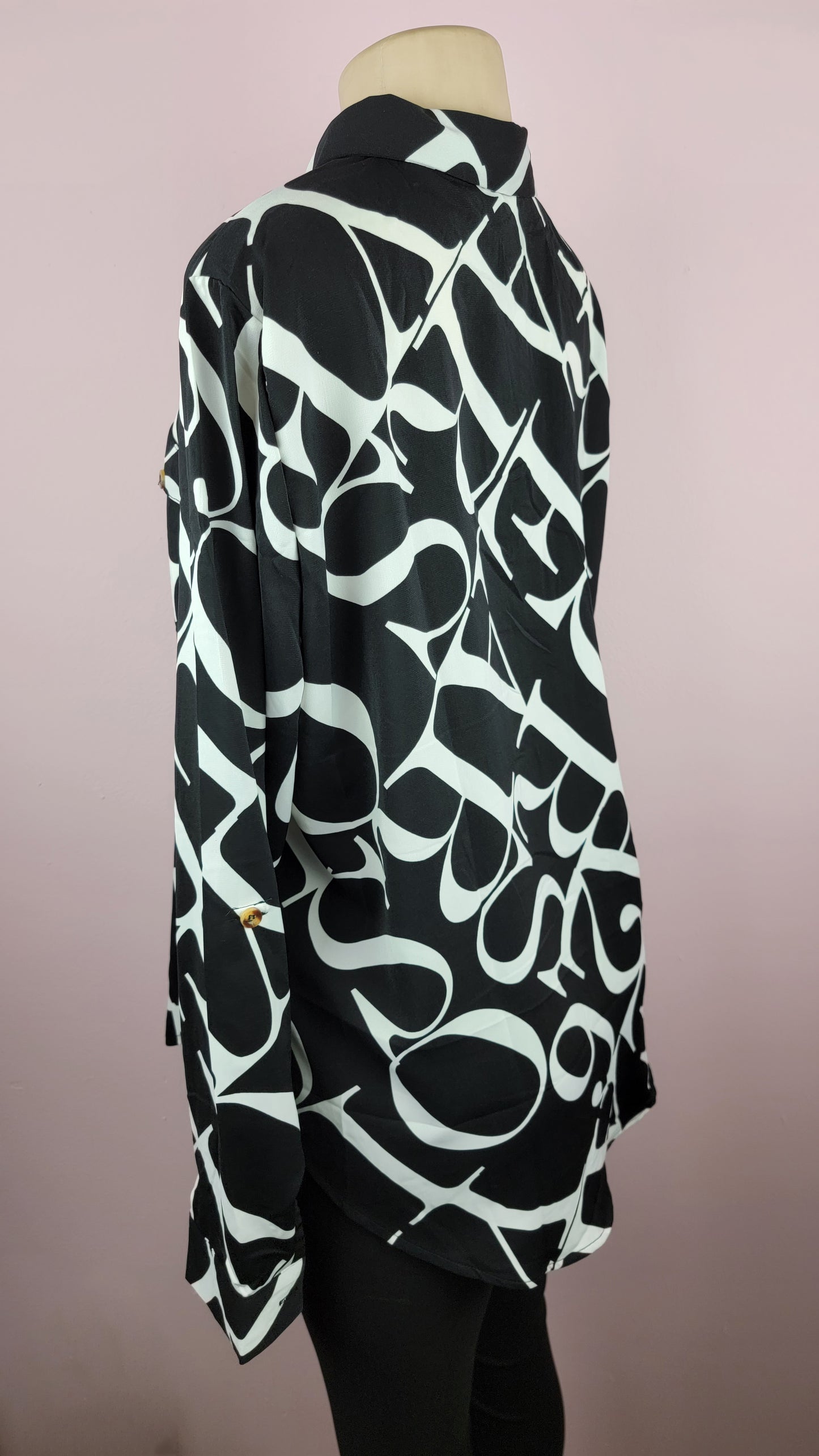 Letter Patterned Button Up Blouse Top