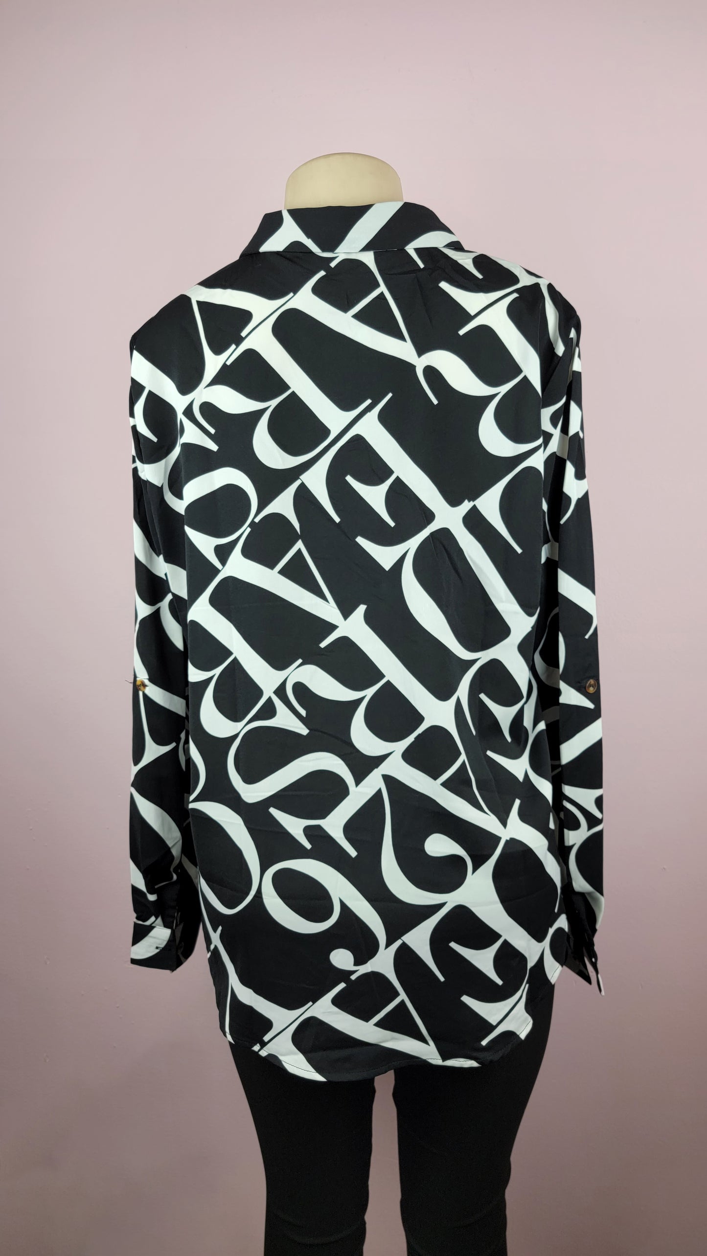 Letter Patterned Button Up Blouse Top