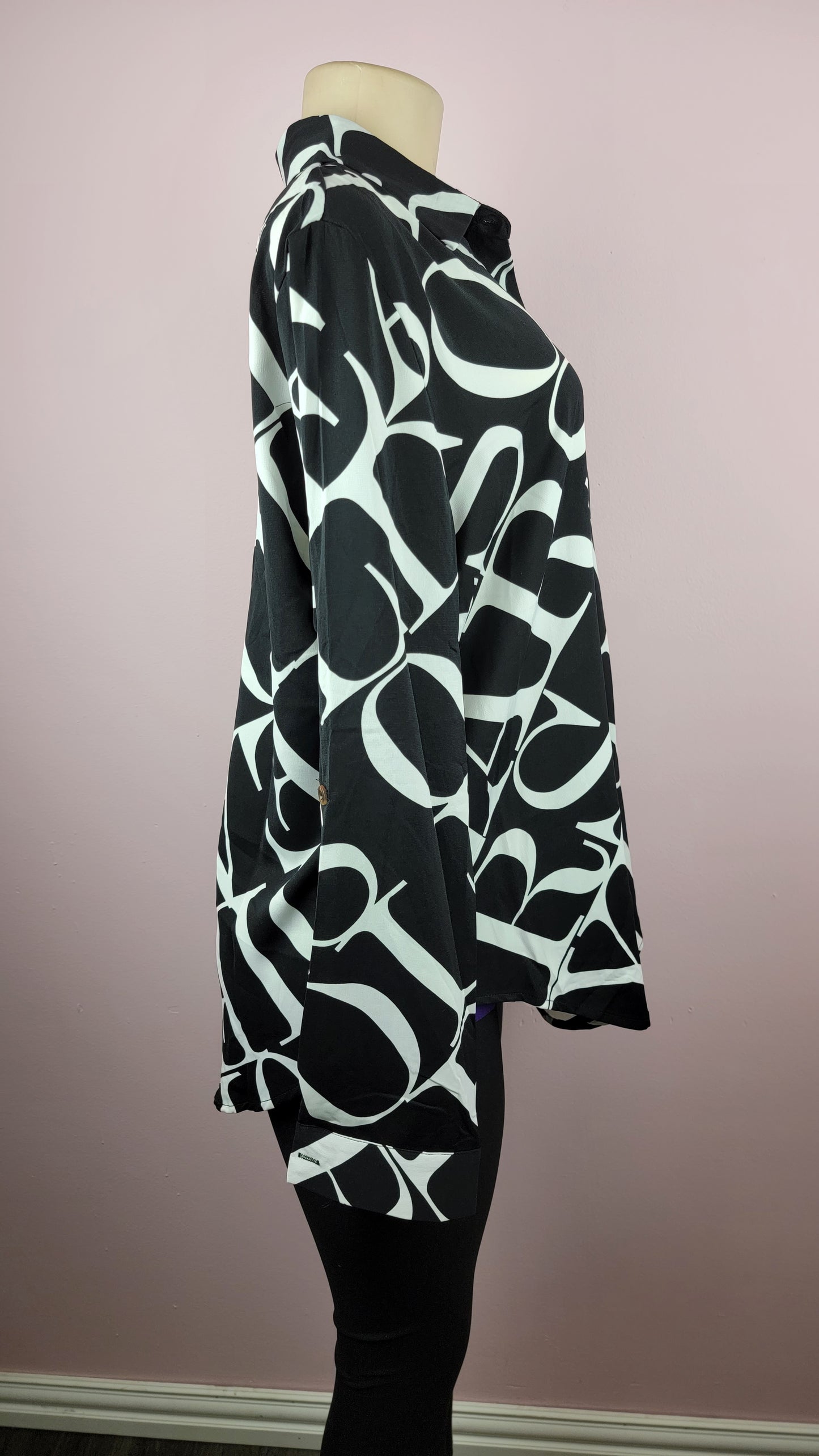 Letter Patterned Button Up Blouse Top