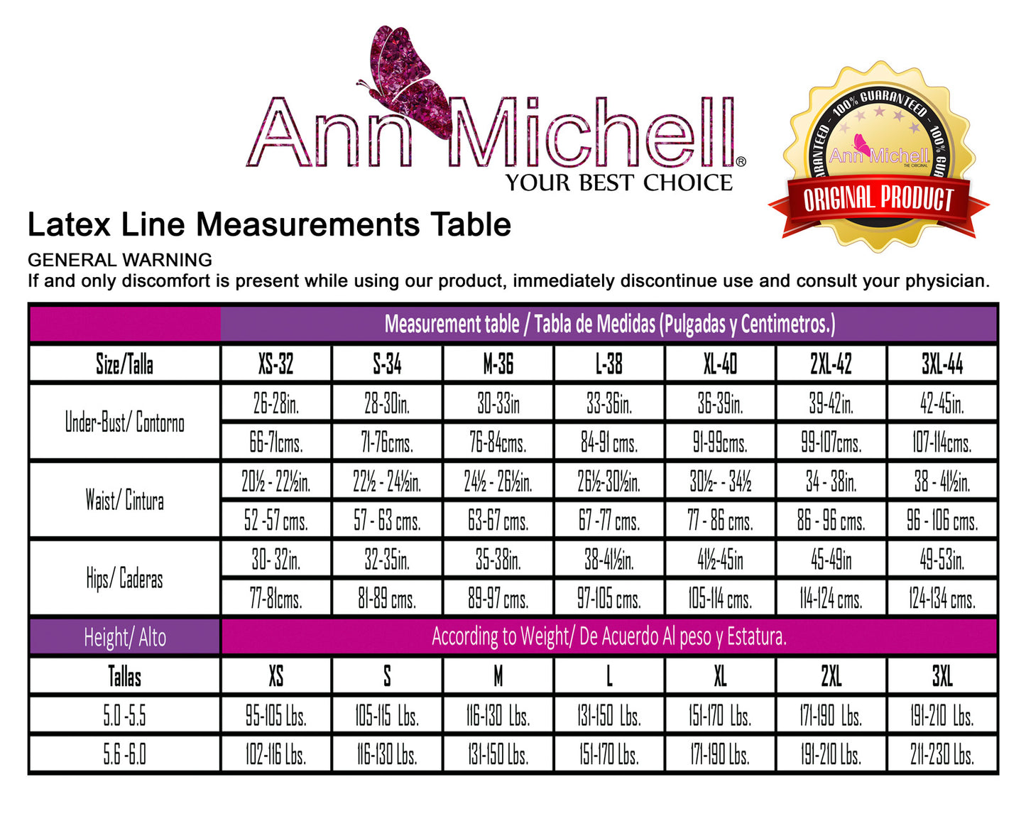 Size chart for Ann Michell shapewear.