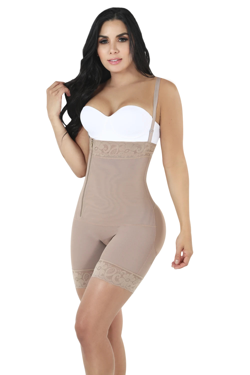 Front view of high waist, open bust, mocha colored shapewear.