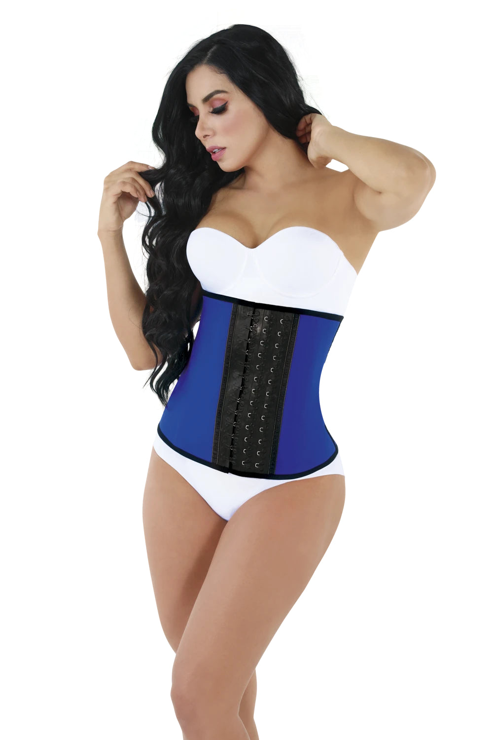 Front view of the strapless waist trainer - blue.