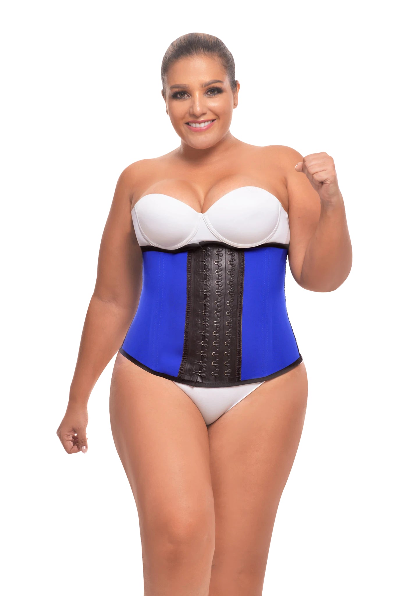 Front view of the strapless waist trainer - blue & plus-sized.
